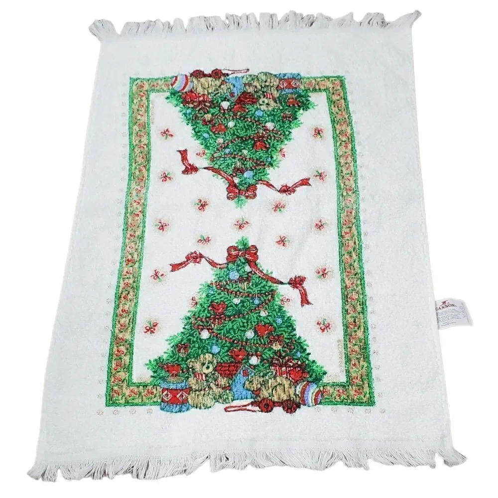 Cannon Kitchen Dish Tea Towl Christmas Tree Cream Fringe Holiday Winter Vintage